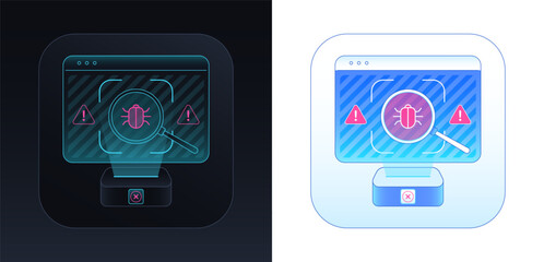 Cyber vulnerability in system. Computer protection, window frame with magnifier, bug scanner and danger warning. Cyber attack detection, virus scan, hack detect. System bug protection check. Vector © Дмитрий Майер