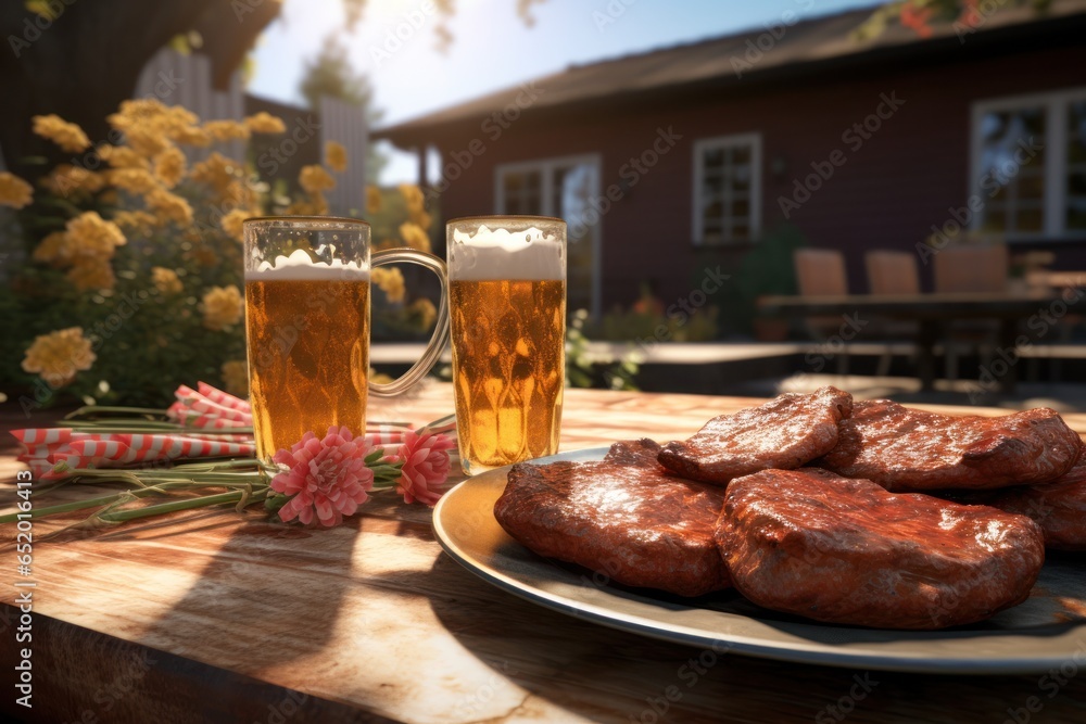 Poster A simple image of a plate of food and a glass of beer placed on a table. This versatile image can be used to showcase delicious food and beverages in various settings.