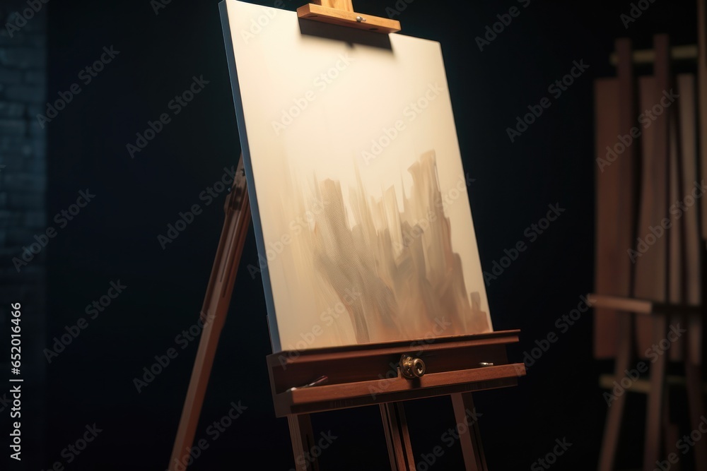Poster An easel with a painting on it in a dark room. This image can be used for various artistic concepts and creative projects.