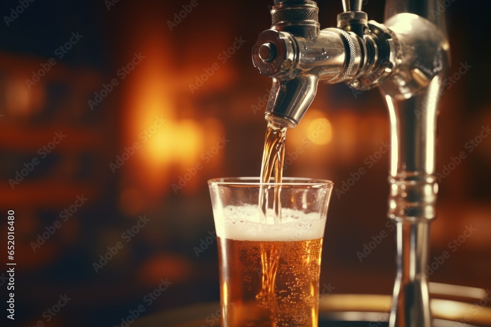 Poster A close-up image capturing the process of pouring beer into a glass from a tap. This image can be used to showcase the experience of enjoying a freshly poured beer at a bar or pub.