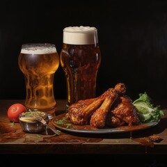 A plate of delicious chicken wings served alongside a refreshing glass of beer. Perfect for sports events, barbecues, and casual gatherings.