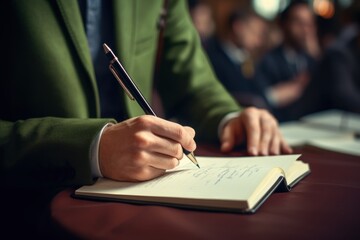 A man in a green suit writing on a notebook. Suitable for business, education, or creative concepts.