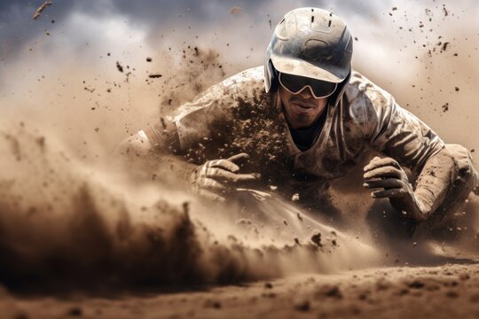 A baseball player sliding into the dirt on a baseball field. This image can be used to depict the intensity and action of a baseball game.