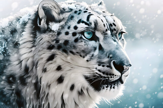 all white of photorealistic beautiful snow leopar