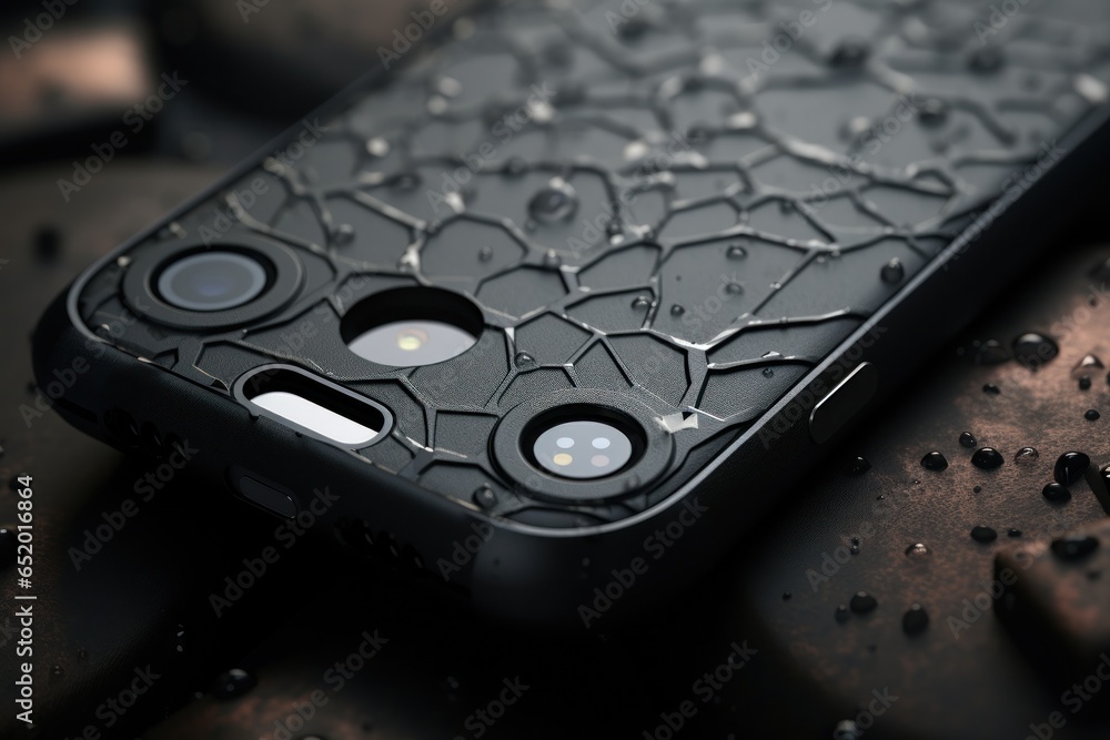 Poster A close-up view of a cell phone resting on a table. This image can be used to illustrate concepts related to technology, communication, or productivity.