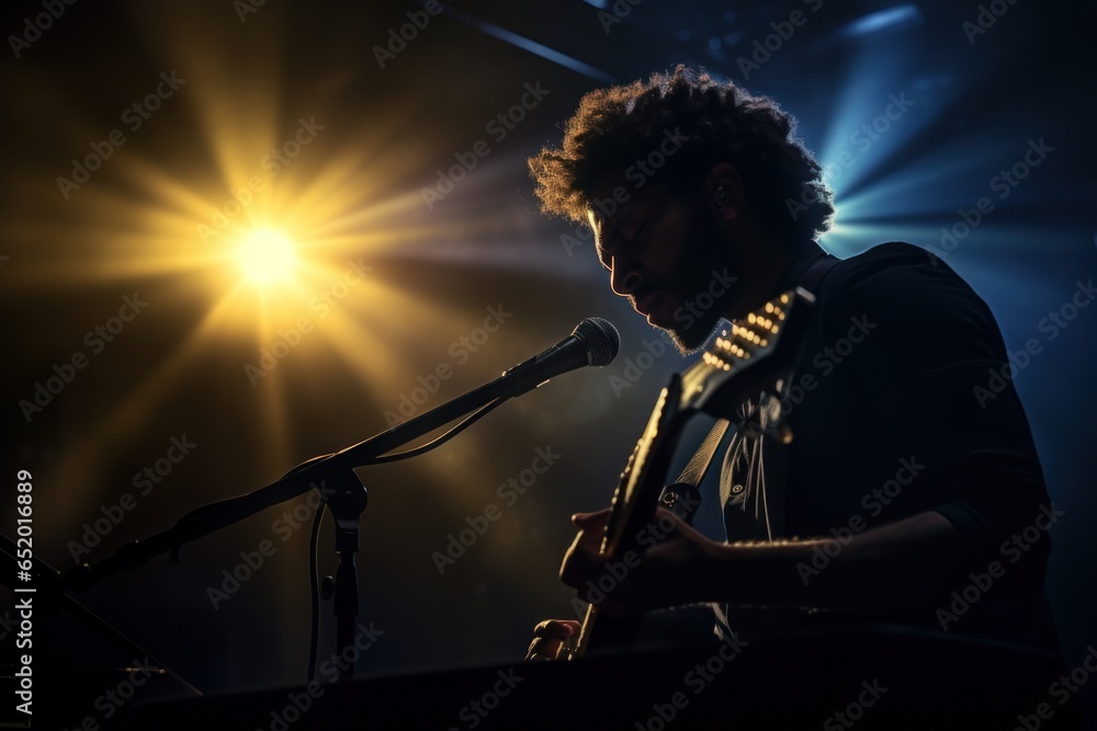 Fototapete a man is seen playing a guitar in front of a microphone. this image can be used to depict a musician