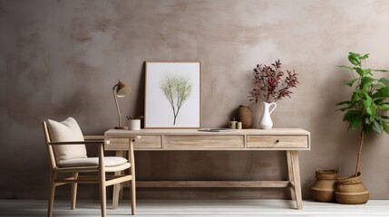 Interior design of modern scandinavian home office with a wooden drawer writing desk and a white chair against a grey wall - obrazy, fototapety, plakaty