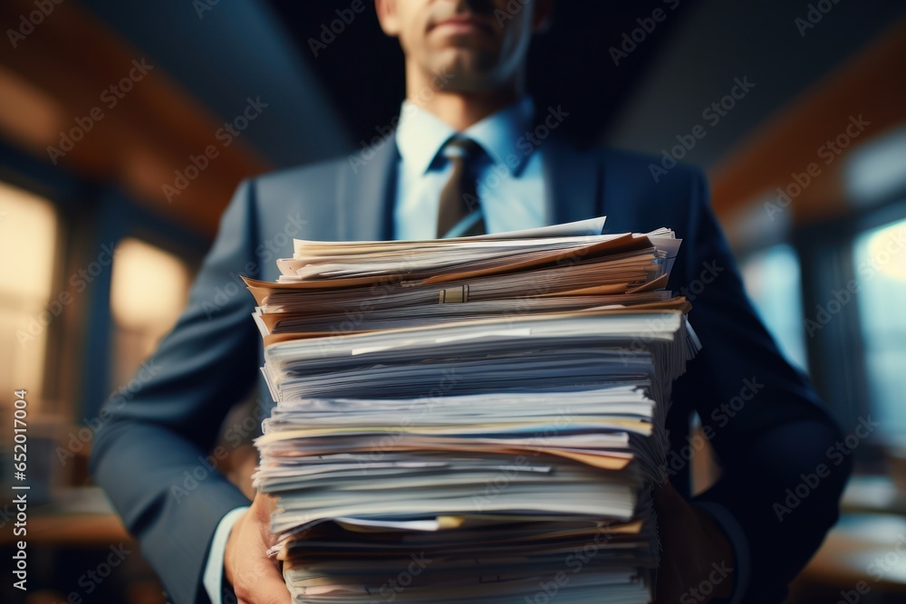 Poster a professional man in a suit holding a stack of papers. this image can be used to represent business