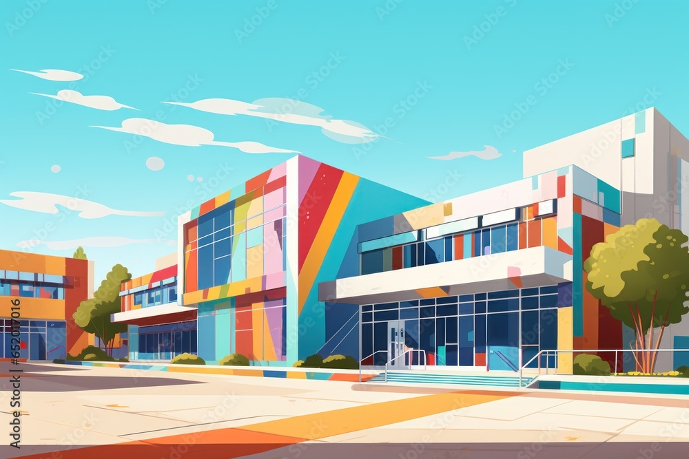 Aufkleber A vibrant building with a pool in the foreground. This image can be used to showcase modern architecture and leisure activities.