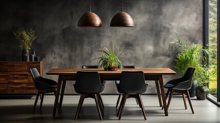 Interior of a modern dining room with a dining table and wooden chairs against a black wall - Powered by Adobe