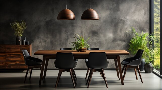 Interior Of A Modern Dining Room With A Dining Table And Wooden Chairs Against A Black Wall