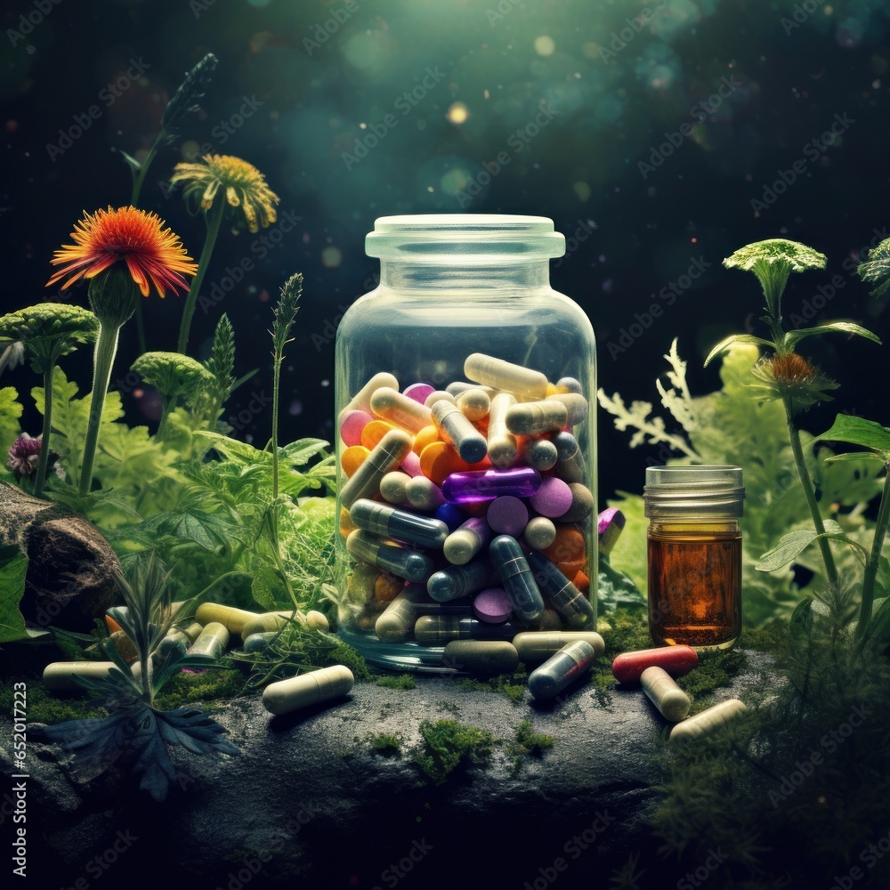 Poster a jar filled with lots of different colored pills. this image can be used to represent healthcare, m