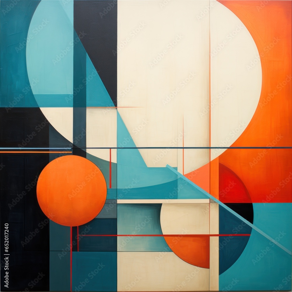 Poster An abstract painting featuring a mix of orange, blue, and white shapes. This versatile image can be used for various design projects.
