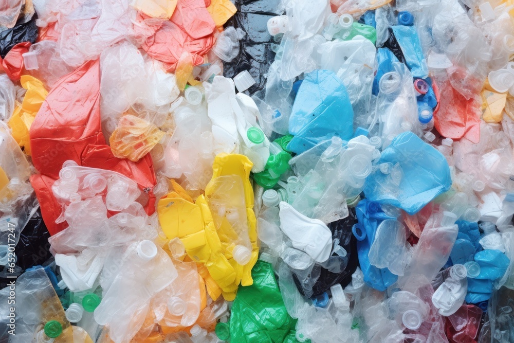 Poster a pile of plastic bottles and plastic bags. this image can be used to highlight the issue of plastic
