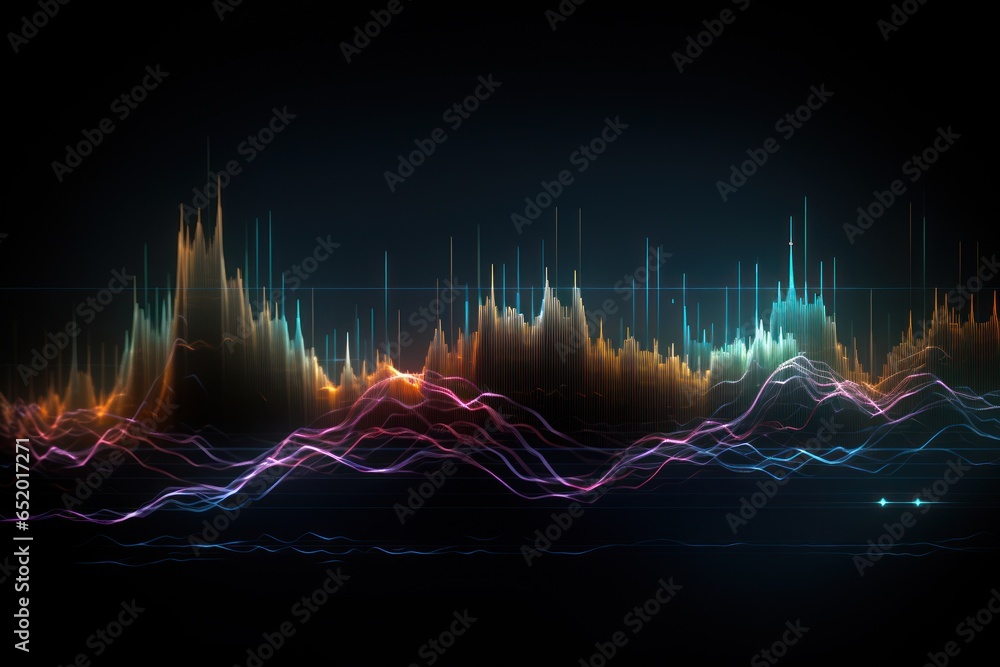 Poster A visually striking image featuring a vibrant line of sound waves against a dark background. Perfect for adding a modern and dynamic touch to any project or design.