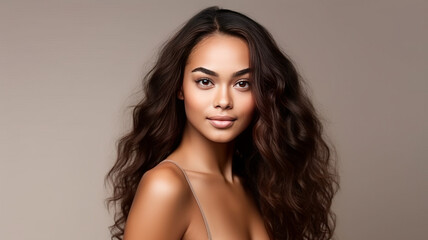 Fototapeta premium Portrait of a beautiful brunette african woman with long wavy hair.generative ai
