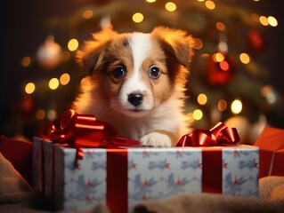 A small fluffy puppy peeks out of a New Year's gift box and looks at the camera against the backdrop of a Christmas tree and garland lights. We gave a dog for New Year or Christmas.