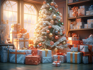 A mountain of New Year's gifts stands in a New Year's toy and gift store against the backdrop of a large window and a decorated large Christmas tree and shelves with toys.