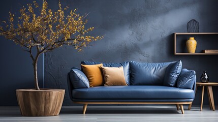 Loft home interior design of a modern living room with a dark blue sofa and round wooden coffee table against a concrete wall with painted tree branches - obrazy, fototapety, plakaty