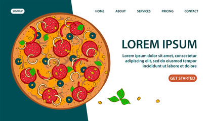 Appetizing pizza with salami, olives, sweet pepper. Tasty food. Lunch menu at the pizzeria. Cartoon vector outline illustration. Top view. Design for website, banner