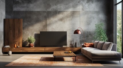 Loft interior design of a modern living room with a gray sofa near a wooden paneling wall and tv unit with a concrete wall - obrazy, fototapety, plakaty
