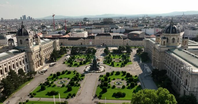 Aerial view of Maria Theresia Museums Quartier. Maria Theresien Platz. Art History Kunsthistorisches Museum in Vienna, Austria. Ringstrasse street, Vienna, Austria, Europe. Museumsquartier.
