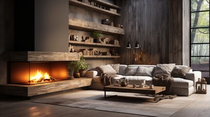 Loft interior design of a modern living room, featuring a sofa and fireplace, with concrete paneling on the walls and floor