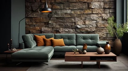 Fotobehang Loft style home interior design of a modern living room with a dark green velvet corner sofa near a concrete wall with stone wall decor © Newton