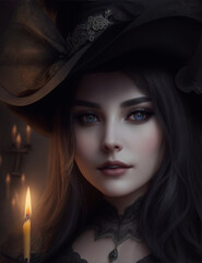 A witch with candles, attractive halloween witch portrait, generative ai