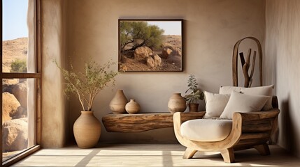 Fototapeta na wymiar Lounge chair positioned near a beige stucco wall in a rustic interior design for a modern living room in a country house