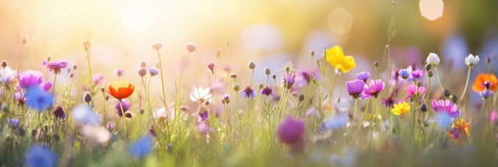 A Colorful Flower Meadow Illuminated By Sunbeams And Bokeh Lights In The Summer Serving As A Nature Background Banner With Ample Copy Space It Conveys The Essence Of Summer Wildflowers And Spring