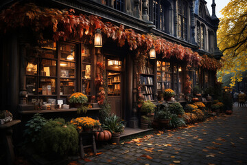 bookshop with lots of books in autumn season,reading addicts concept - obrazy, fototapety, plakaty