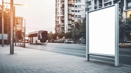 Vertical blank white billboard at bus stop on city street.generative ai