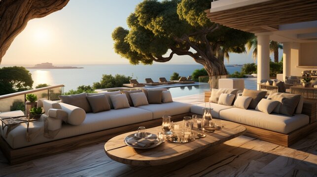 Fototapeta Luxurious terrace with a breathtaking view of the sea lagoon