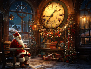 Santa Claus has just brought some Christmas presents to the room under the Christmas tree. AI digital art