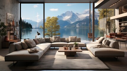 Luxury home interior design of a modern living room in a lakeside house with a cozy beige sofa in a spacious room with a terrace Panoramic open windows offer stunning sea bay, lake and mountain views - obrazy, fototapety, plakaty