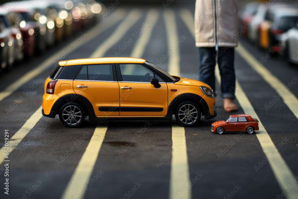 Poster a person attempting to parallel park a tiny car in a large parking space, comically overestimating t