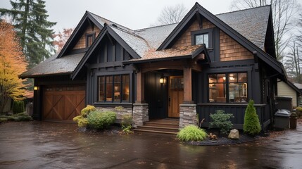 Fototapeta na wymiar Main entrance door and garage in a house Wooden front door with a gabled porch and landing Exterior of a craftsman-style home cottage with columns and stone cladding