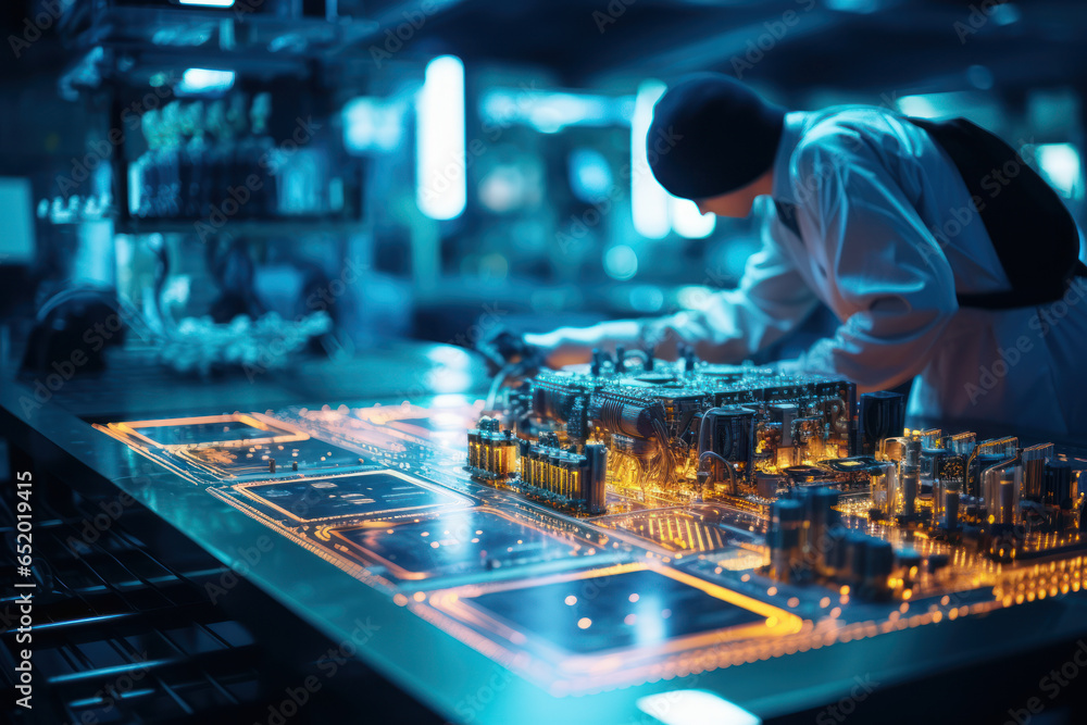 Poster a technician in a lab coat carefully examining a high-tech circuit board. concept of technological i