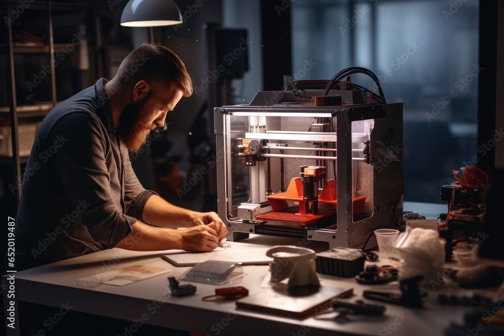 Poster a technician using a 3d printer to create a prototype of a new product. concept of additive manufact