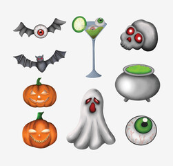 3D colorful set of halloween elements.