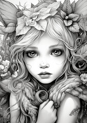 grayscale illustration of cute little fairies, coloring, fantasy, beauty
