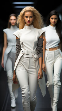 Beautiful women in futuristic costume in the space background. Top models catwalk. AI Generative