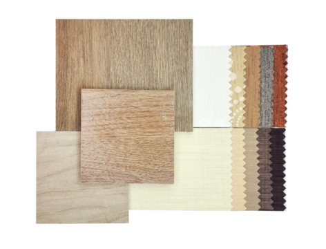 combination of interior material samples contain oak wooden ceramic flooring tiles and drapery fabric catalog palette in luxury brown color tone isolated on background with clipping path.