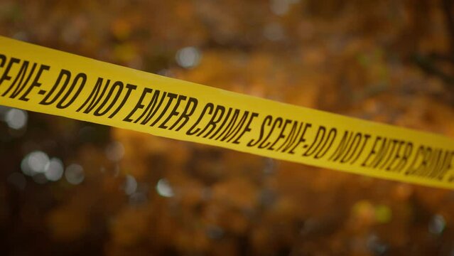 Yellow cordon tape with the words &lsquo;Crime Scene - Do Not Enter&rsquo; moves in a light breeze outdoors, filmed against a soft-focus background of autumn leaves.