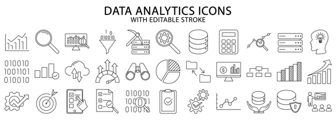 Data analytics icons. Data analysis icons. Set icon about data analysis. Data analysis line icons. Vector illustration. Editable Stroke.