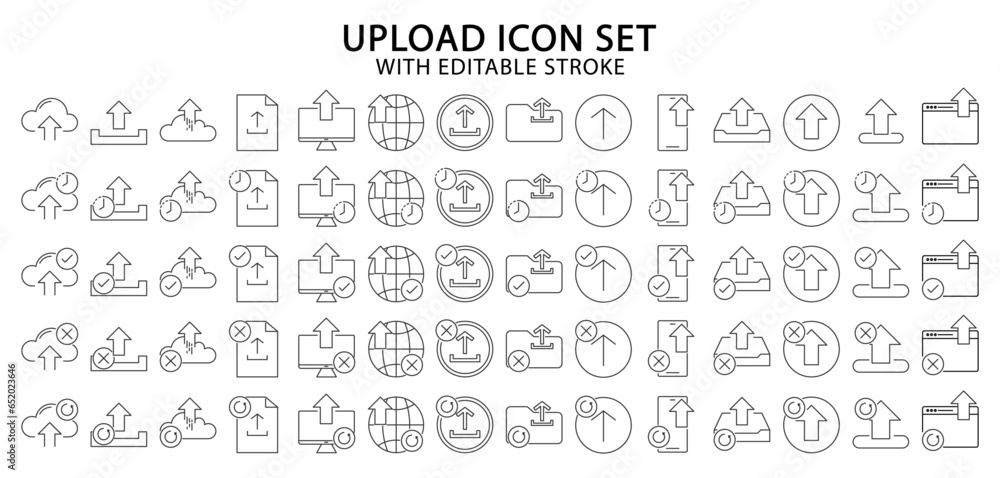 Poster upload icons. set icon about upload. upload line icons. vector illustration. editable stroke.