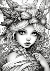 grayscale illustration of cute little fairies, coloring, fantasy, beauty
