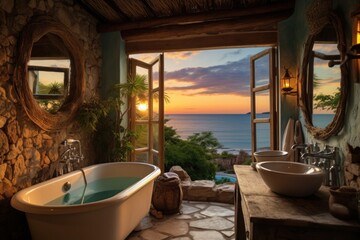 Rustic bathroom with large window and summer seascape.