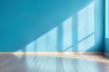Modern blue Interior with geometrical sunlight and shadows. Empty wall mockup